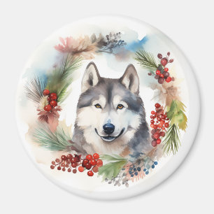 Aimant Couronne de Noël festive de Malamute d'Alaska