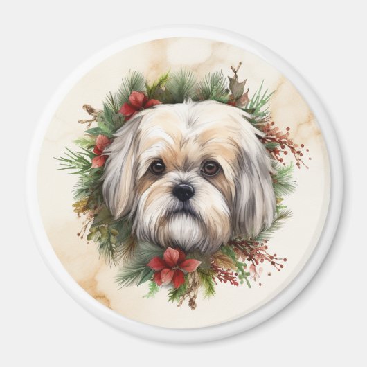 Aimant Couronne de Noël festive Lhasa Apso (Devant)