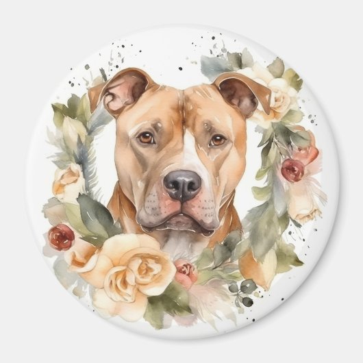 Aimant Couronne de Noël Pitbull Chien de fête (Devant)