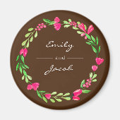 Aimant Couronne florale rose élégante Nom marron du coupl (Devant)