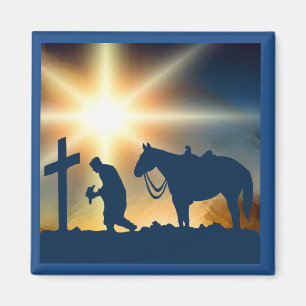 Aimant Cowboy de prière avec le cheval à la croix