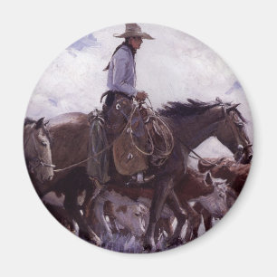 Aimant Cowboy vintage avec son troupeau de bétail par Koe