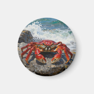 Aimant Crabe rouge vibrant aux vagues océaniques