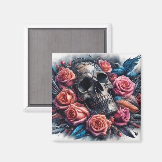 Aimant Crâne avec Roses et Bluebird (Recto/Verso)