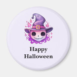 Aimant Crâne dans un chapeau de sorcière Halloween mignon