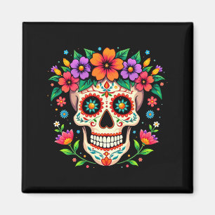 Aimant Crâne de sucre de Día De Los Muertos avec fleurs p
