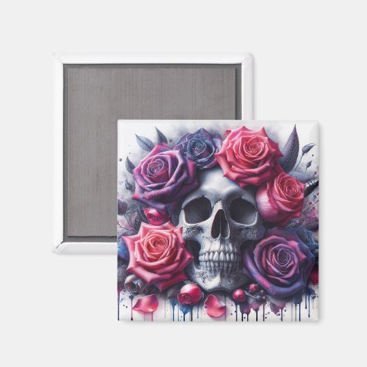 Aimant Crâne entouré de Roses dynamiques (Recto/Verso)