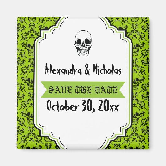 Aimant Crânes damask vert, mariage noir Enregistrer la da (Devant)