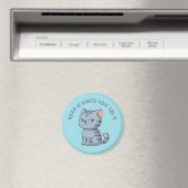 Aimant Cranky Grey Tabby Cat Custom Text Blue (In Situ (Lave-vaisselle))