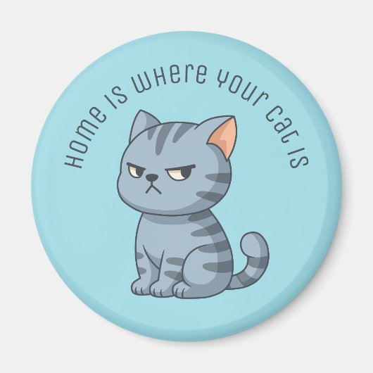Aimant Cranky Grey Tabby Cat Custom Text Blue (Devant)