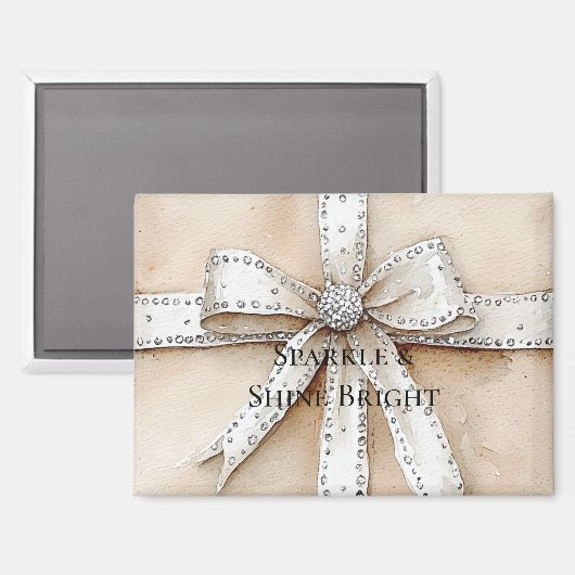 Aimant Crème Blanc Argent Glitzy Glam Bow Noël (Recto/Verso)