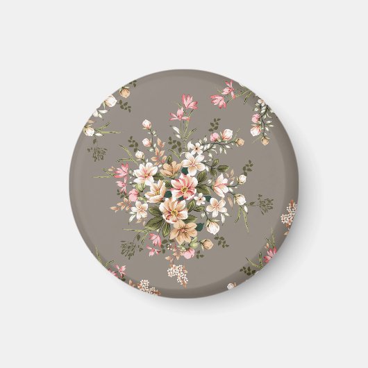 Aimant Crème, fleurs roses sur gris. (Devant)