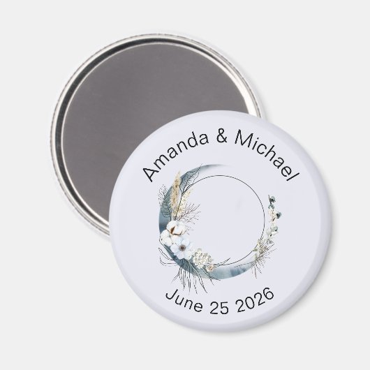 Aimant Crescent Bleu Lune avec Mariage Fleurs Blanches (Recto/Verso)