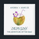 Aimant Croisière à la noix de coco tropicale Mariage Favo<br><div class="desc">Cocktail de coco amusant design mariage en faveur des magnets pour les couples qui se marient sur un bateau de croisière. Customisez avec vos noms,  la date du mariage et le nom du navire.</div>
