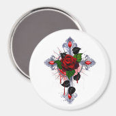Aimant Croix d'argent avec une rose rouge (Recto/Verso)