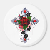 Aimant Croix d'argent avec une rose rouge (Devant)
