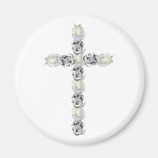 Aimant Croix d'argent et de rose blanche (Devant)