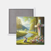 Aimant Croix de Pâques avec lapin et oeufs (Recto/Verso)