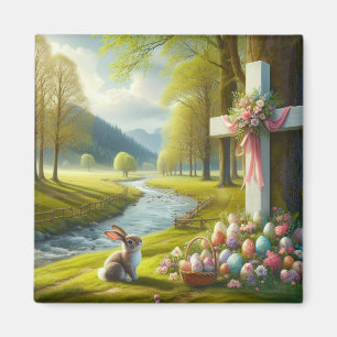 Aimant Croix de Pâques avec lapin et oeufs