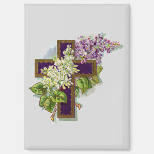 Aimant Croix Violette Et Fleurs