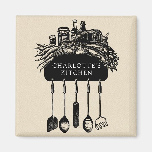 Aimant Cuisine retro à crème noire personnalisée (Devant)