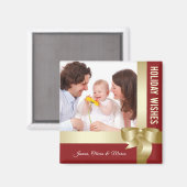 Aimant Custom Name & Photo Holiday Red, Gold Bow (Recto/Verso)