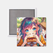 Aimant Cute Anime Girl mangeant un beurre d'arachide et g (Recto/Verso)