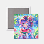 Aimant Cute Anime Girl Manger Watermelon sur une journée (Recto/Verso)