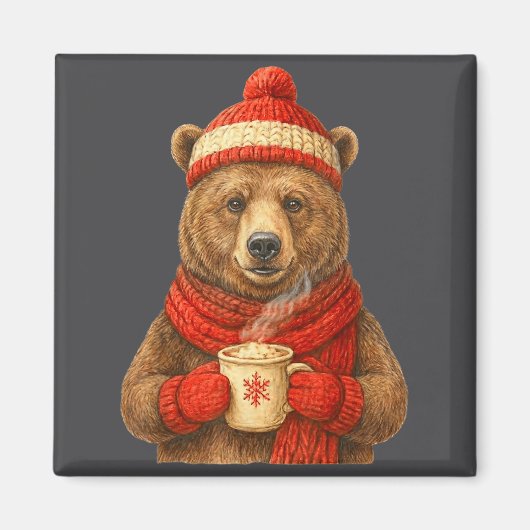 Aimant Cute Bear With Santa Hat Coffee Lover Funny Winter (Devant)