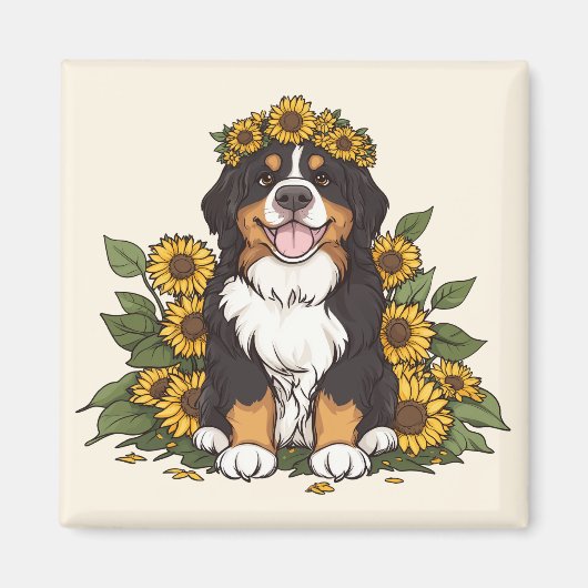 Aimant Cute Bernese Mountain Dog Wearing Sunflower Crown (Devant)