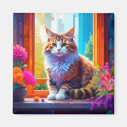 Aimant Cute chat assis dans la fenêtre de la ville Ai Art (Devant)