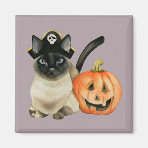 Aimant Cute chat pirate de Siamese avec Jack-o'-lantern