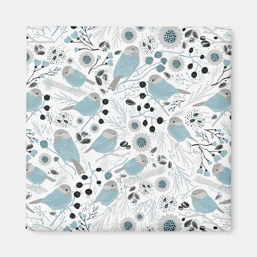 Aimant Cute Chickadee Birds Blue Gray Flowers Berries (Devant)