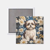 Aimant Cute Chih Tzu Chien Blanc Fleurs De Faisée (Recto/Verso)