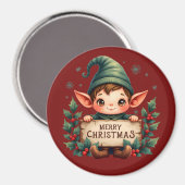 Aimant Cute Christmas Elf Holding Merry Sign Red (Recto/Verso)