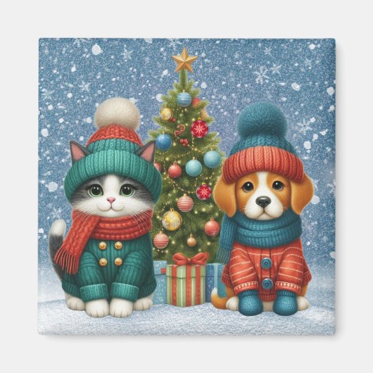 Aimant Cute Christmas puppy & kitten (Devant)
