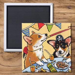 Aimant Cute Corgi Chien Anniversaire fête Chiot Carré