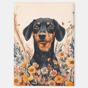 Aimant Cute Dachshund avec peinture Fleur sauvage
