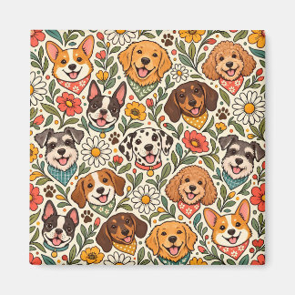 Aimant Cute Dogs and Colorful Floral Pattern