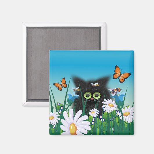 Aimant Cute Fluffy Black Kitten et Daisy Art (Recto/Verso)