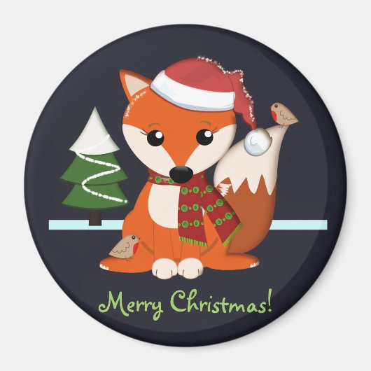 Aimant Cute Fox, robins, arbre de Noël et texte personnal (Devant)