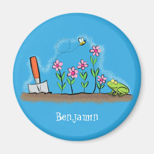 Aimant Cute frog and bee in garden cartoon illustration