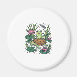 Aimant Cute Frog Riding Turtle Pond Vintage Vector Art_1