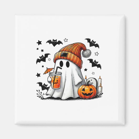 Aimant Cute Ghost Boire Café Halloween Ghost Ice Cof (Devant)
