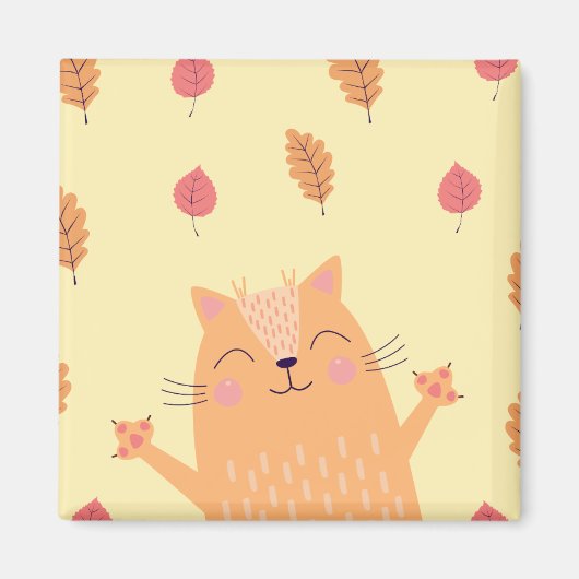 Aimant Cute Ginger Orange Cat Playing in Autumn Leaves (Devant)