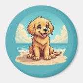 Aimant Cute Golden Puppy at Sunny Beach Scene (Devant)