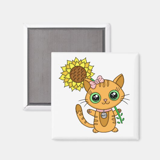 Aimant Cute Kawaii Chat Holding Fleur (Recto/Verso)