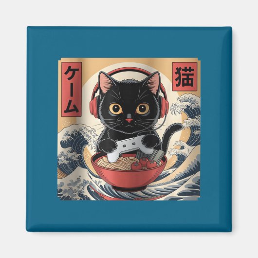 Aimant Cute Kawaii Gamer Cat Funny Ramen Retro Japanese C (Devant)