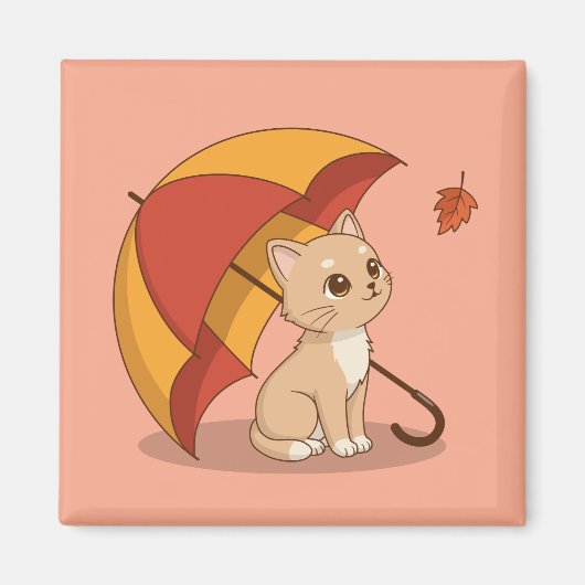 Aimant Cute Kitten Cat Red Yellow Umbrella Fall Pink (Devant)