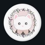 Aimant Cute Kitten encadré de fleurs<br><div class="desc">Belle illustration d'un chaton blanc encadré par une couronne fleurie.</div>